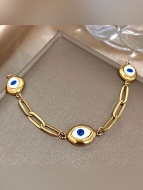Gold Plated Stainless Steel Evil Eye Link Bracelet